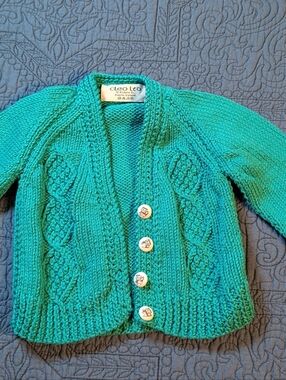 Cléo Ltd Ireland Baby Knit Cardigan Green/Teal Chunky Cable Sweater 0-3M (G2)